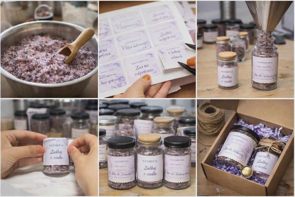 Collage showing lavender-based products: dried flowers in mortar, recipe cards, glass bottles with labels, jars being held, and a gift box set