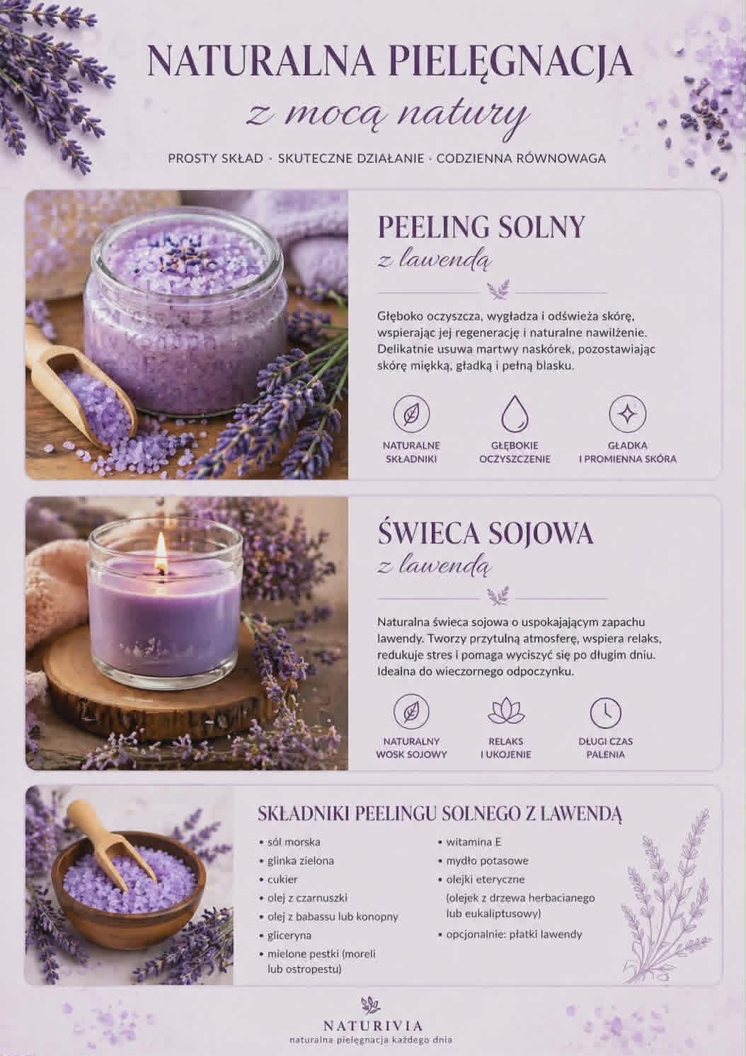 Polish natural skincare product guide featuring lavender peeling, candle, and ingredient list from Naturalna Pielegnacja brand