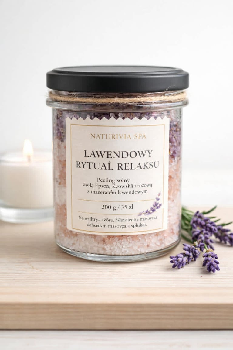 Jar of Naturivia Spa lavender body peeling scrub with black lid, displayed with fresh lavender sprigs and a white candle on wooden surface