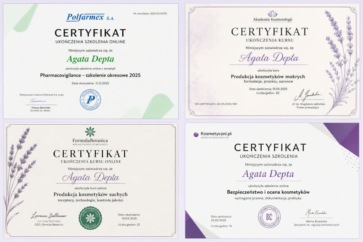 Four cosmetic product certificates for Agata Depta displaying various certifications for natural and organic skincare products