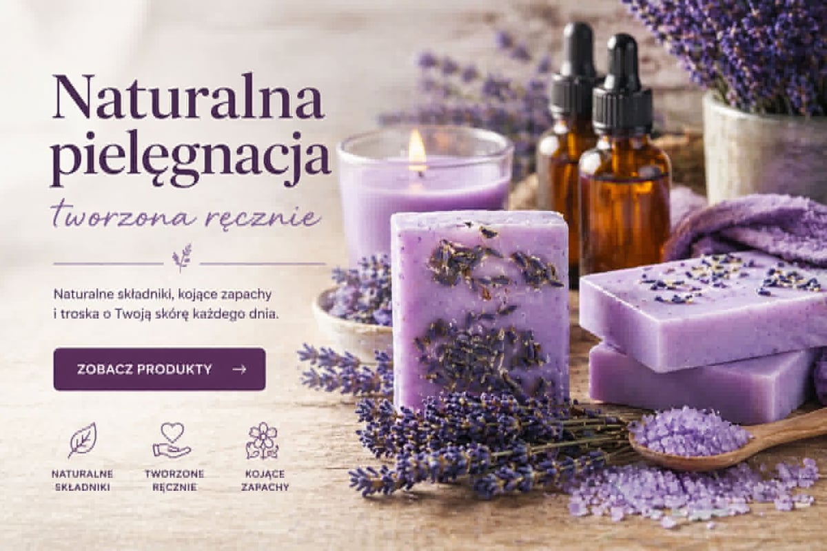 Natural skincare products with lavender: soap bars, candles, essential oils, and bath salts displayed with fresh lavender flowers and ingredients
