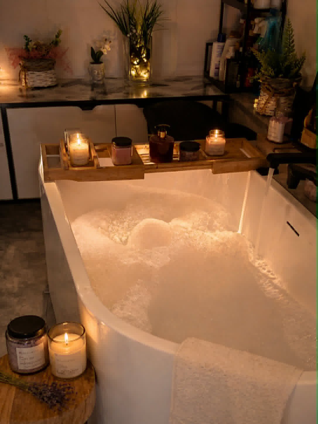Luxurious spa-like bathroom with a white freestanding tub filled with bubble bath, surrounded by lit candles and potted plants