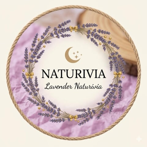 Naturivia Lavender Naturivia logo featuring dried lavender sprigs in a circle with moon and stars on lavender-tinted circular background