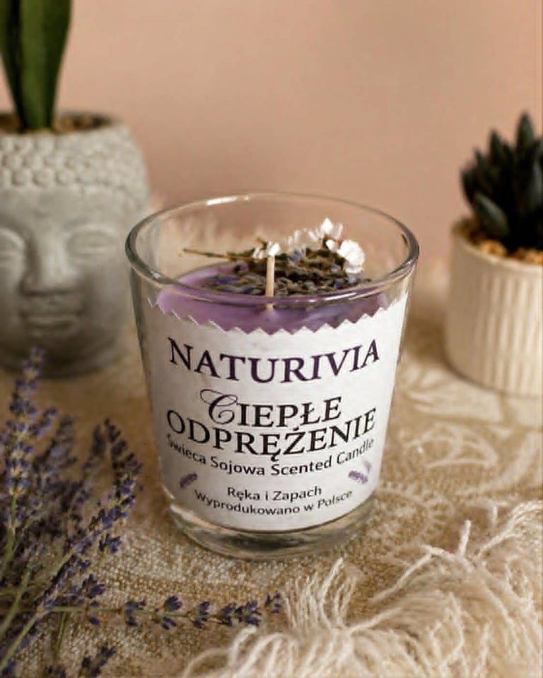 Naturivia scented candle with purple wax and lavender on label, surrounded by potted succulents and dried lavender sprigs